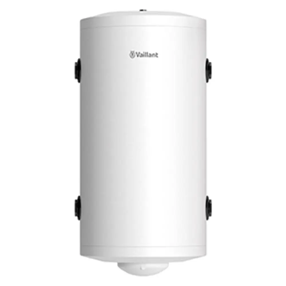 Vaillant Pufferspeicher in zylindrischer Form, weiß lackiert, ausgestattet mit Anschlüssen und einem sensorgestützten Element an der Unterseite.